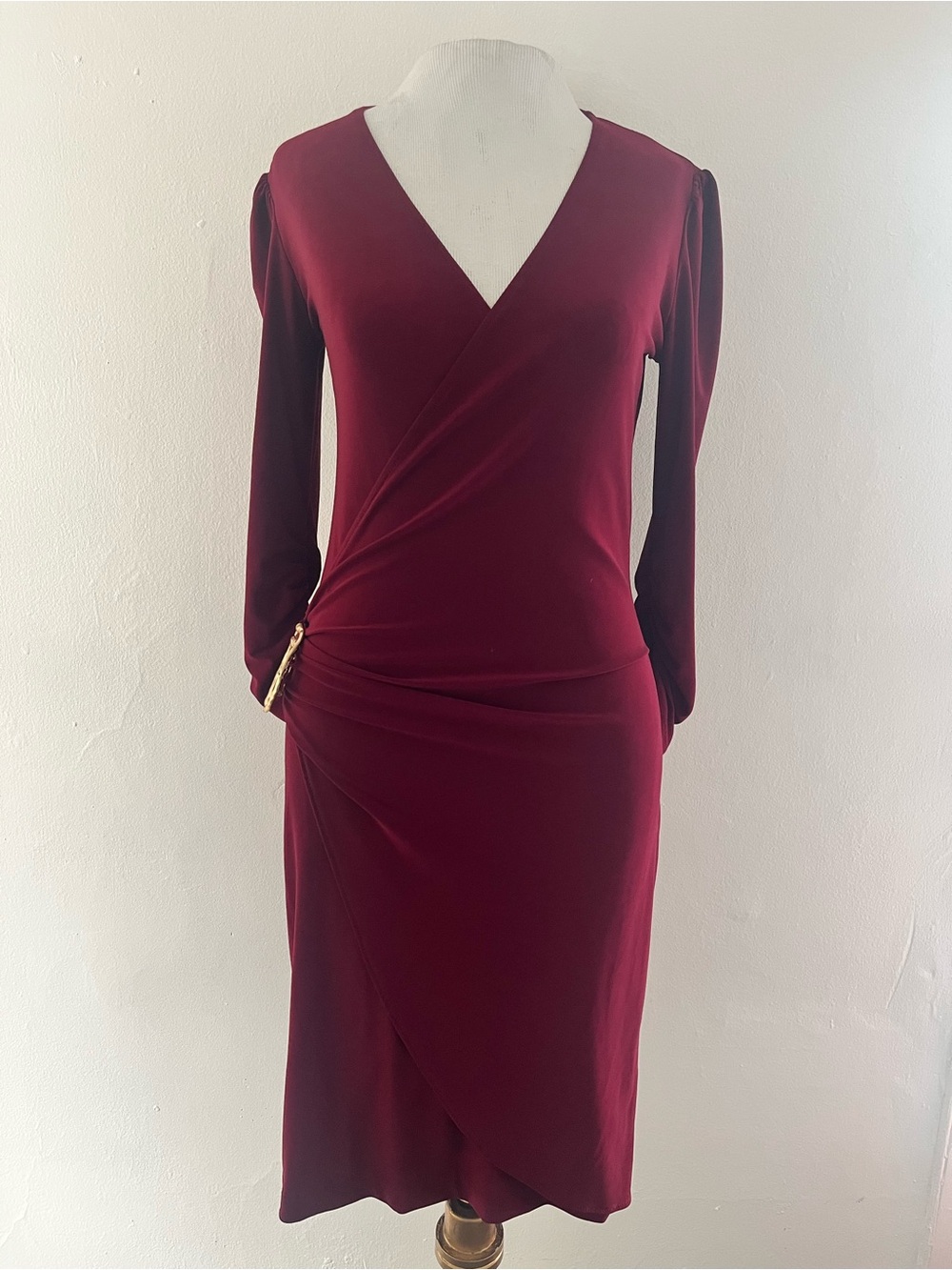 Cache Wine Wrap-Style Midi Dress with Gold Accent